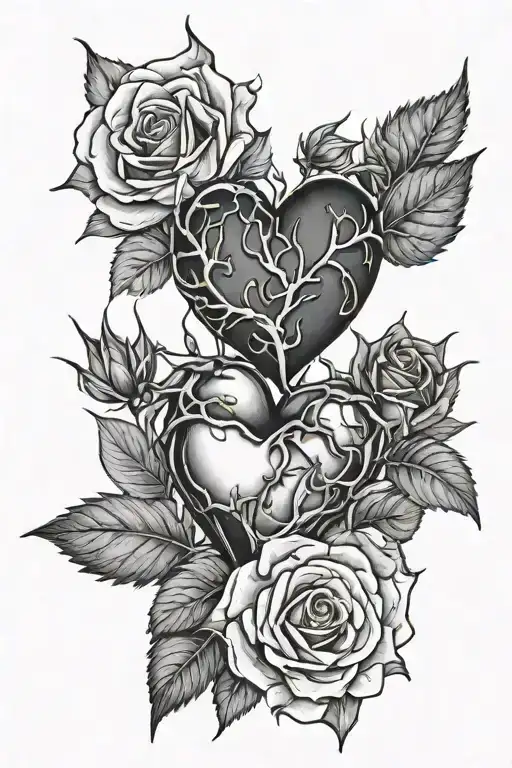 Realistic Black And White Heart In Red Roses With Thorns