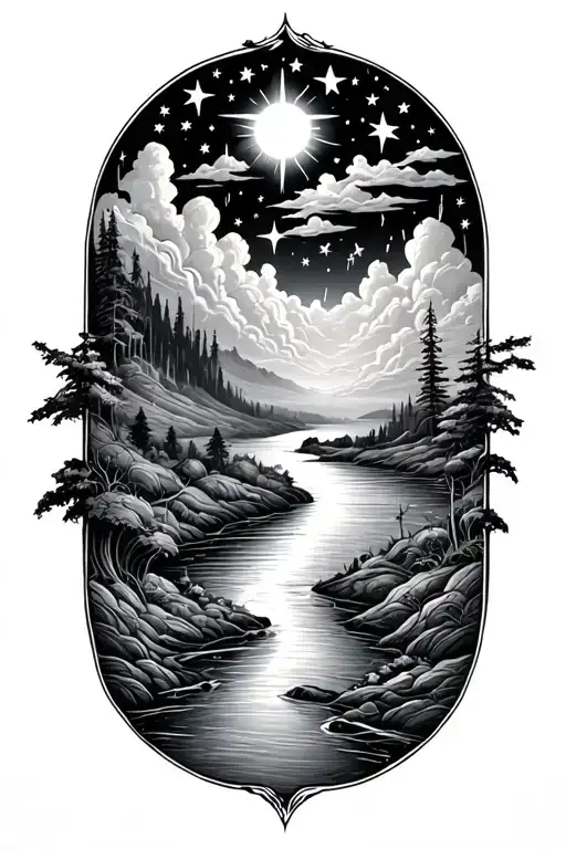 River Flowing And Stars Forming The Shape