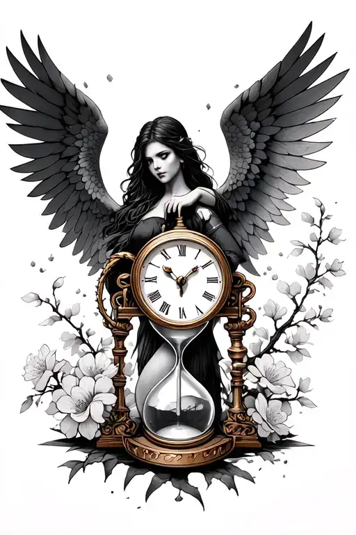 Hourglass Clock Padlock Woman Shadow Broken Angel Holding A Sword Cherry Blossoms