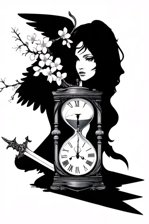 Hourglass Clock Padlock Sexy Woman Shadow Broken Angel Holding A Sword Cherry Blossoms