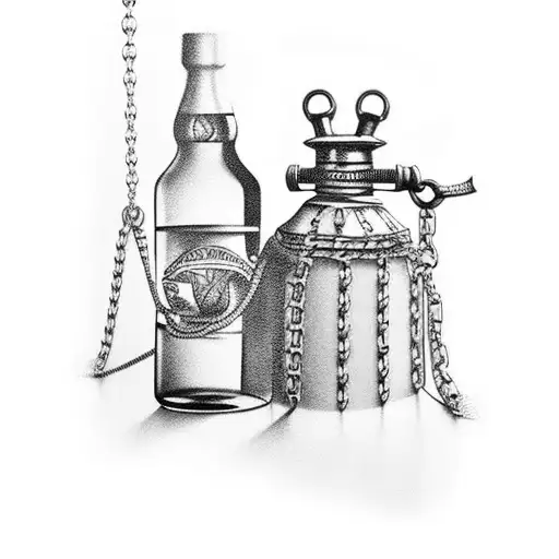 Tattoo Of A Whiskey Bottle Wrapped In Animal Trap Chains