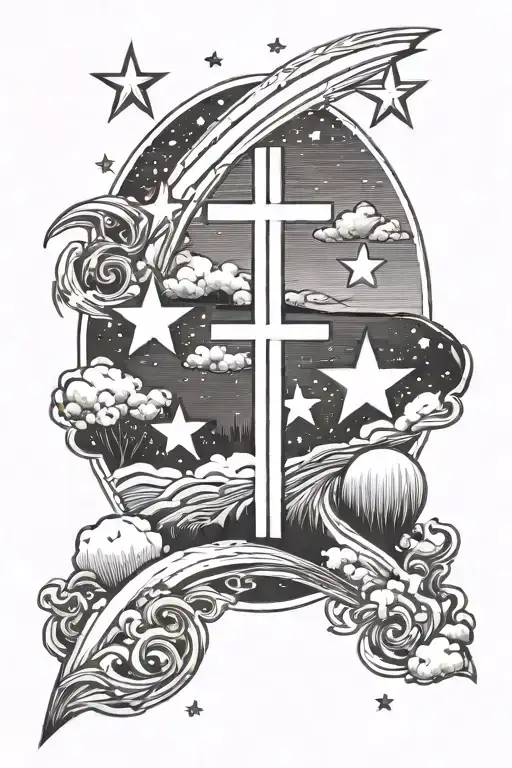 6 Shooting Stars And 1 Falling Star In The Sky Over A Plain Field With A Singular Cross