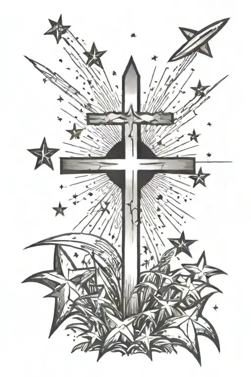 6 Shooting Stars And 1 Falling Star In The Sky Over A Plain Field With A Singular Cross