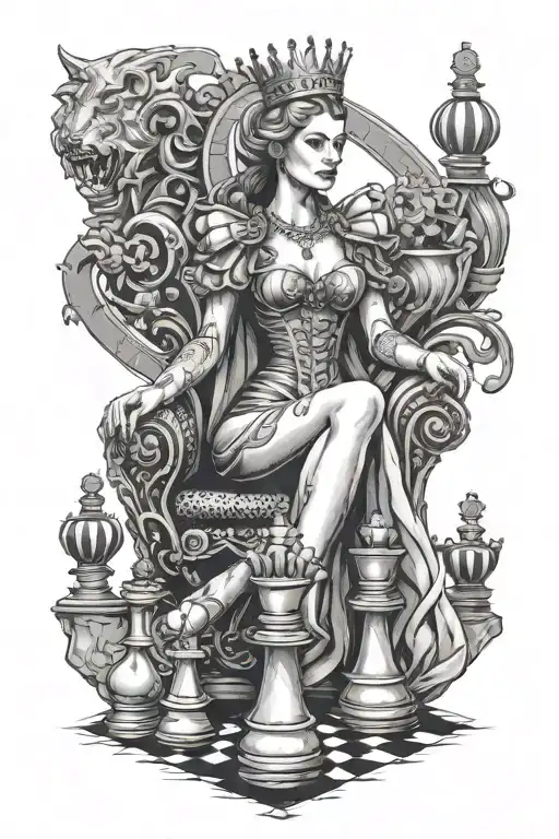 Queen Standing Tall On A Chess Board Surrounded By Her Pieces