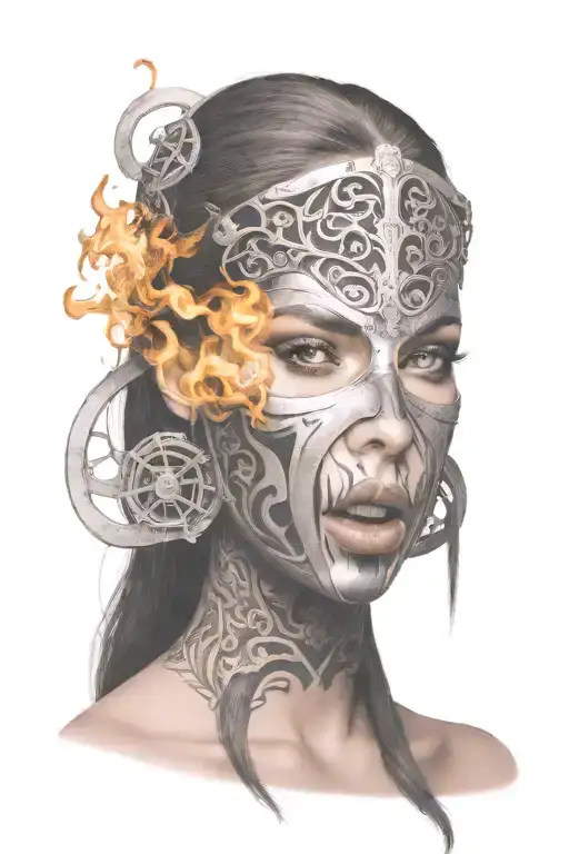 Woman With Long Hair Made Of Fire Trapped In Full Face Iron Mask