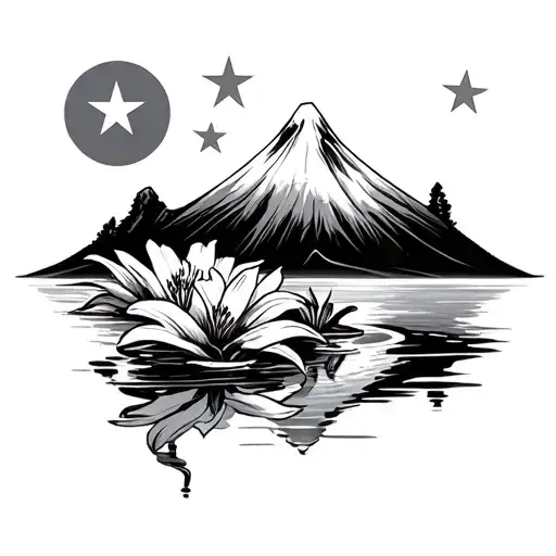 Japanese Water Turning Into Snow Mountain With Tennessee Lilies And 3 White Stars From The Flag