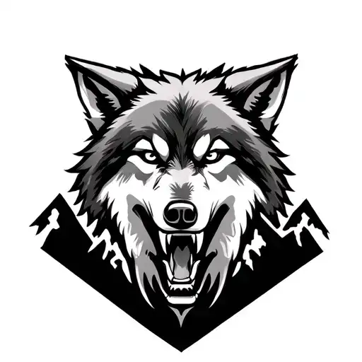 Growling Wolf And Mountains