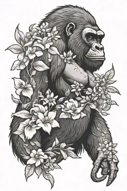 Gorilla And Python With Flowers And Ancient Ruins