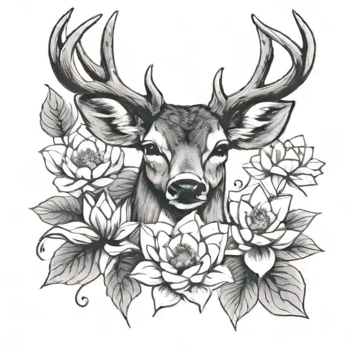 Deer And Lotus Flower Blooming
