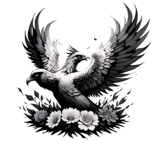 Phoenix Rising From Ashes With 8 Different Flowers