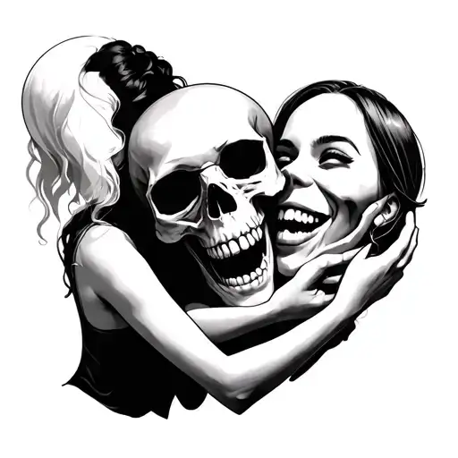 Skull Being Held By Laughing Women Full Body
