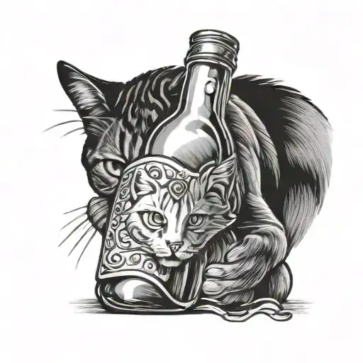 Cat Looking Through A Bottle Of Alcohol