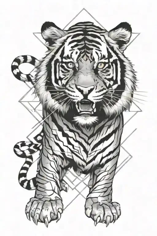 Realistic Angry Tiger With Geometric Paterns Around The Edge