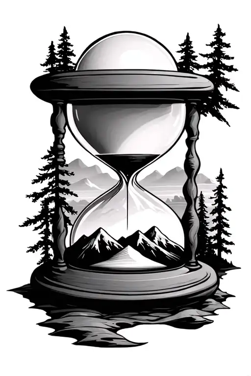 Hourglass With Sun Mountain And Trees