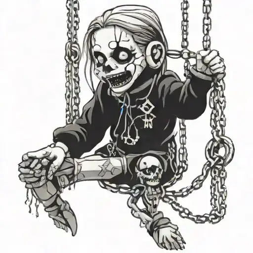 A Black And Grey Broken Marionette Doll That Has Chains For Strings And Isn On Fire