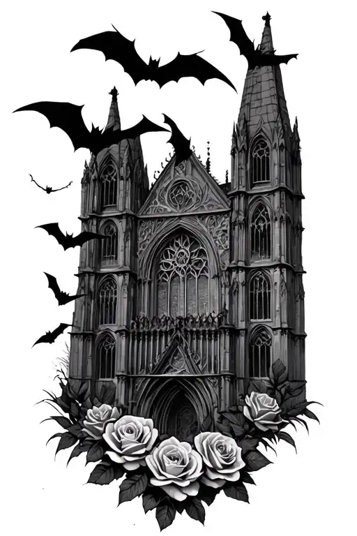 Gothic Cathedral Roses Bats Flying By A Haunted