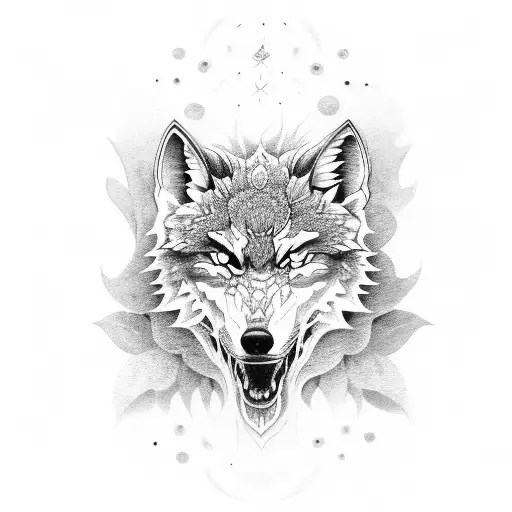 Moon Wolf And Flowers