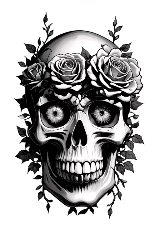 Skull With Vines Wrapped Around With Roses In The Eyes