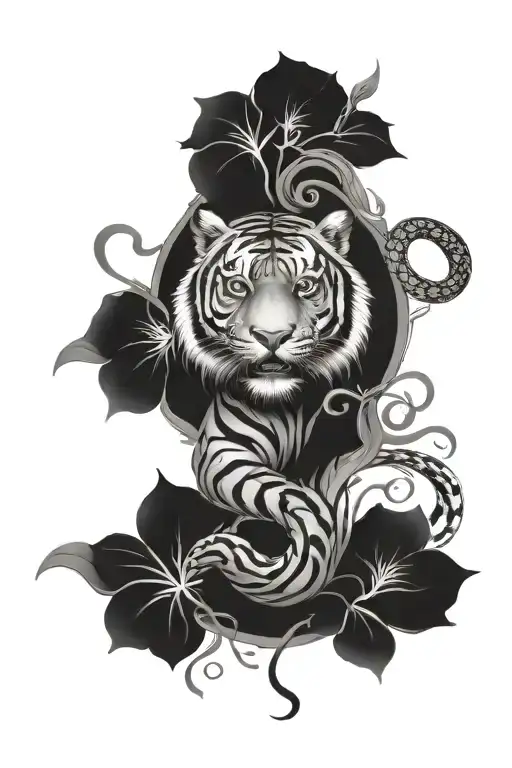 Tiger With Flowers Or Plants Insides With Snake Around