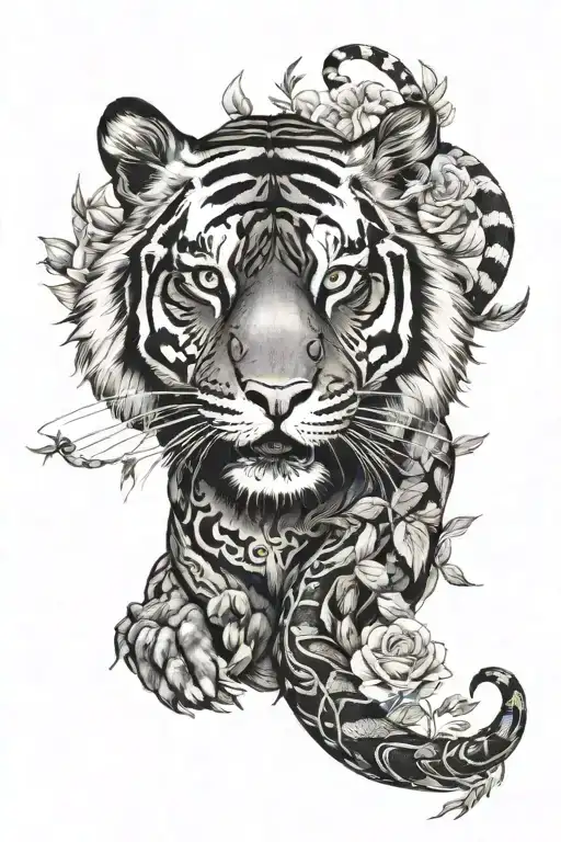 Full Body Tiger With Flowers Or Plants Insides With Snake Around