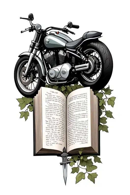 Motorcycle And Book Open With Sword Piercing The Book And Ivy Around