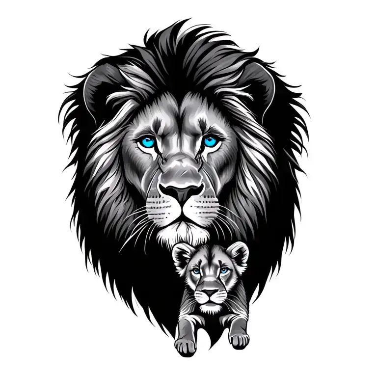 Lion Adult And Cub With Blue Eyes To Represent Father And Son