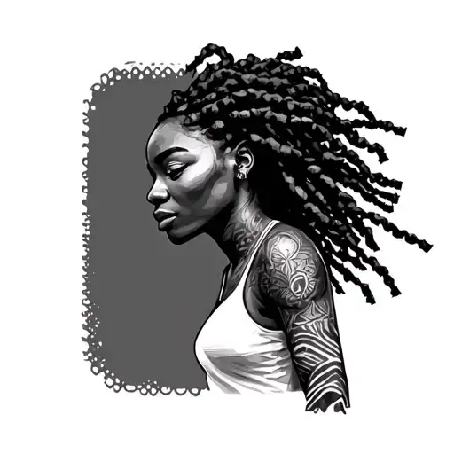 Black Woman Full Body With Locs Running In Dot Work Tattoo Design