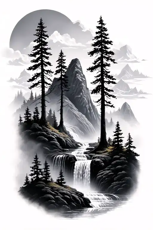 Mountains Trees Waterfall