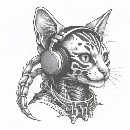 Skeleton Cat Wearing Headphones Sitting