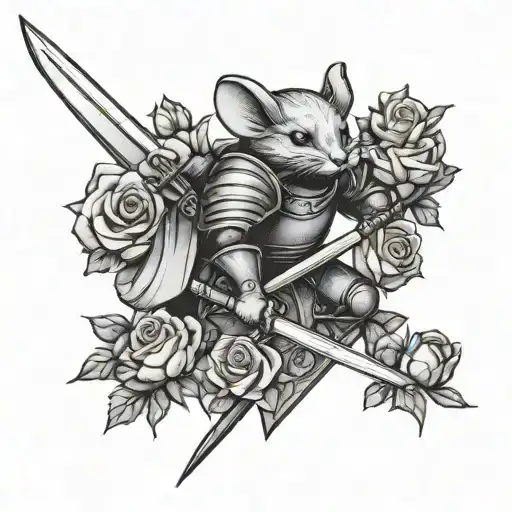 Mouse Knight With Sword Surrounded By Roses