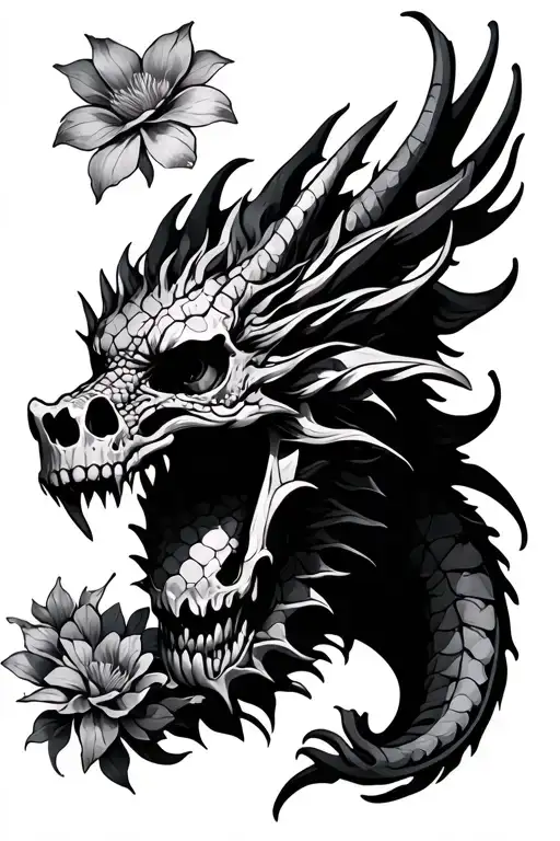 Dragon With Skulls And Flowers