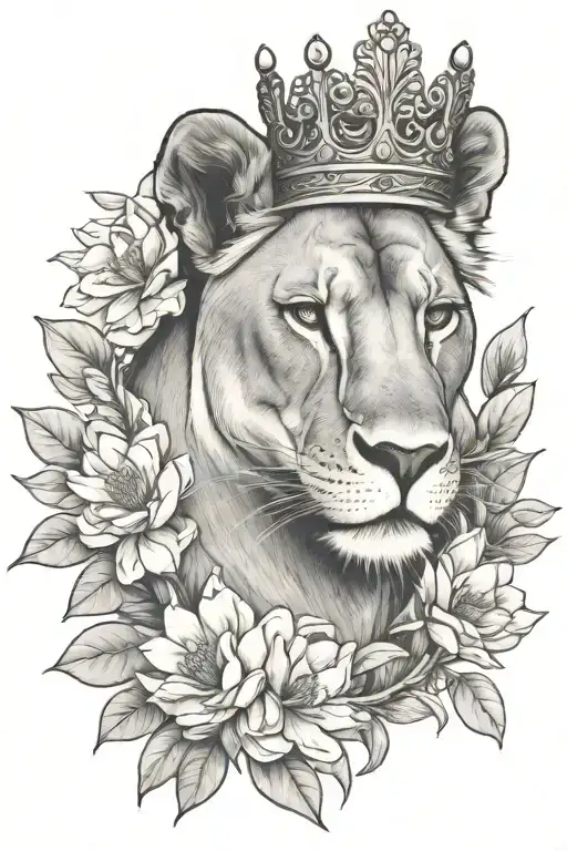 Lioness Wearing A Crown Surrounded By Large Magnolia Flowers