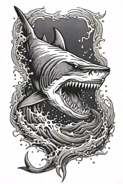 Shark Breaching Water With Teeth Floating Down In The Water