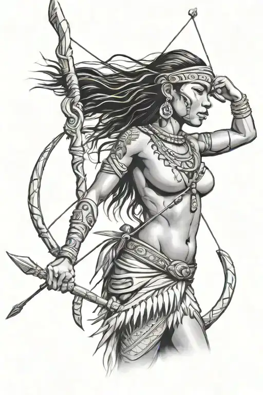 Taino Woman Afer A Victory Standing On A Cliff With A Spear And Bow & Arrow