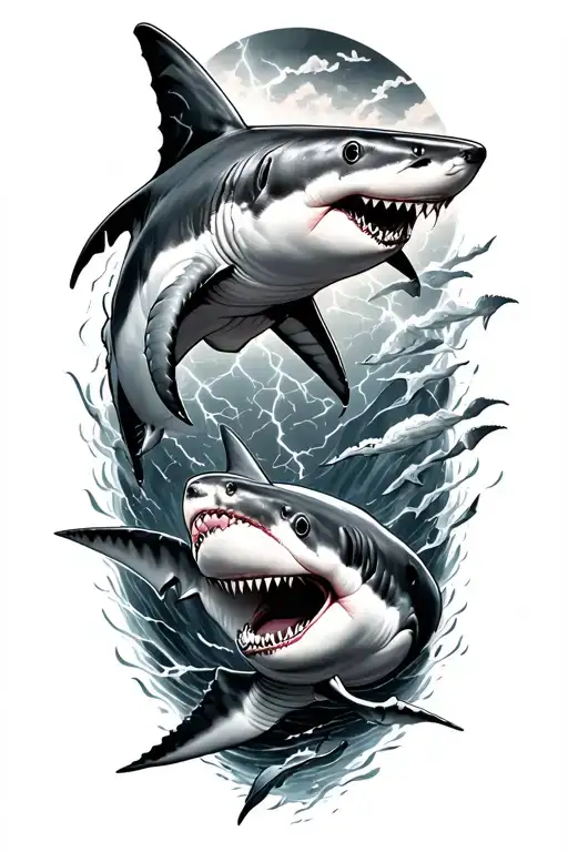Sharks Swimming In Thunderstorm