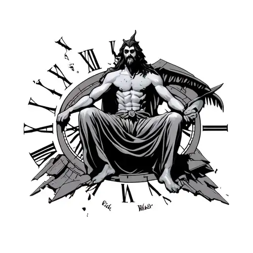 Hades Greek Good Sitting On A Broken Clock With The All Seeing Eye Somewhere In The Background