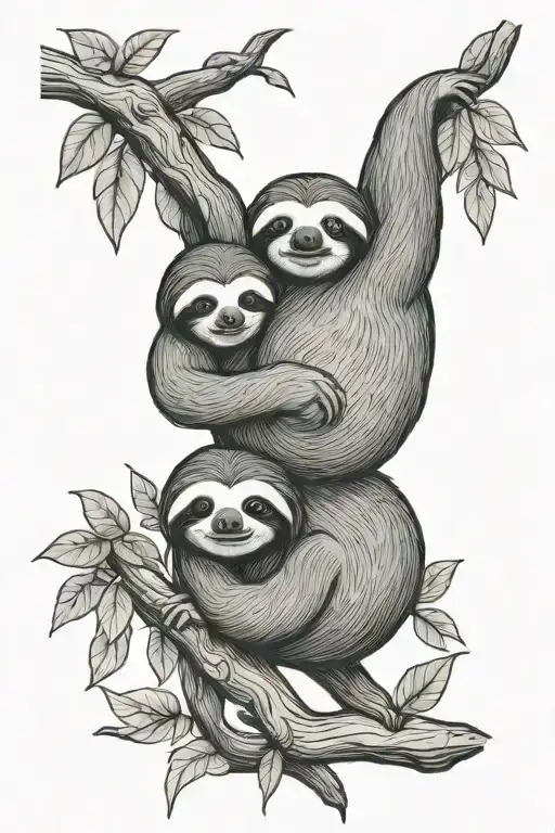 Sloth Mom And Sloth Kids Hanging In Tree Branch