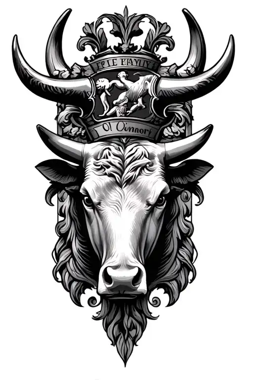 Tutus Bulls Head With O Connor Family Crest Tattoo Design On It's Neck