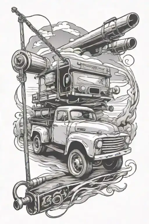 Fishing Rod Casting Line With Old Truck Parked