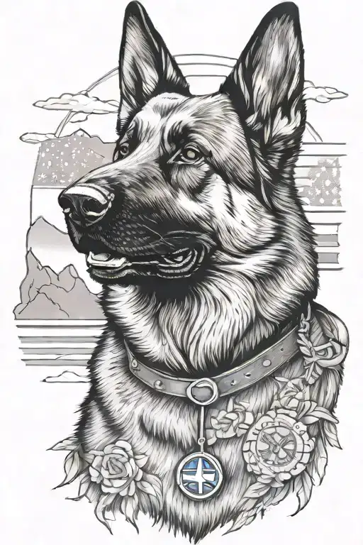 A Detailed Black And Grey Portrait Of A German Shepherd Service Dog Mountain Scene And American Flag