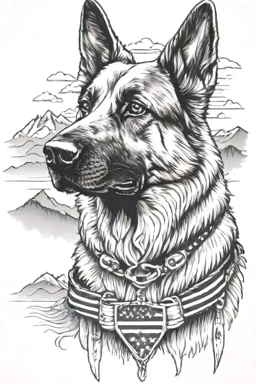 German Shepherd Portrait With Diabetic Alert Bracelet Mountain Scene American Flag