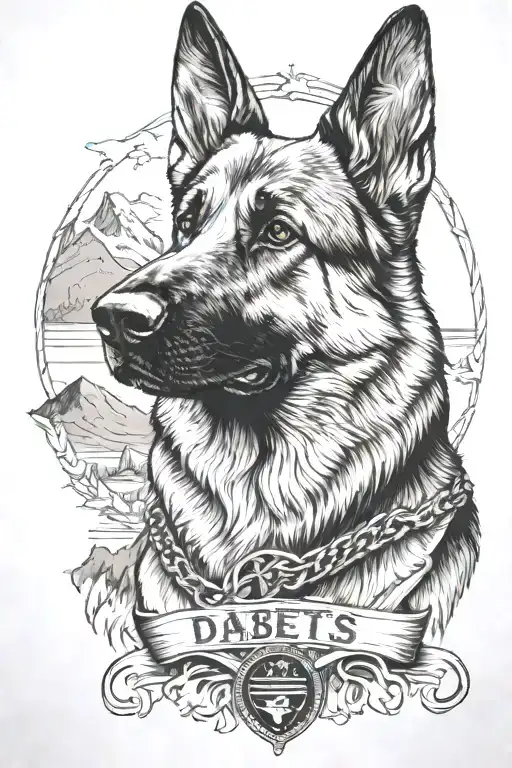 German Shepherd Portrait With Bracelet Saying Diabetes Mountain Scene American Flag