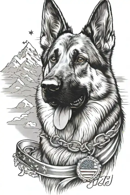 German Shepherd Portrait With Bracelet Saying Diabetes Mountain Scene American Flag