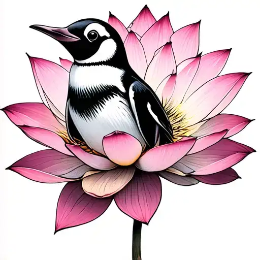 Pink Lotus Flower With A Penguin In A Petal