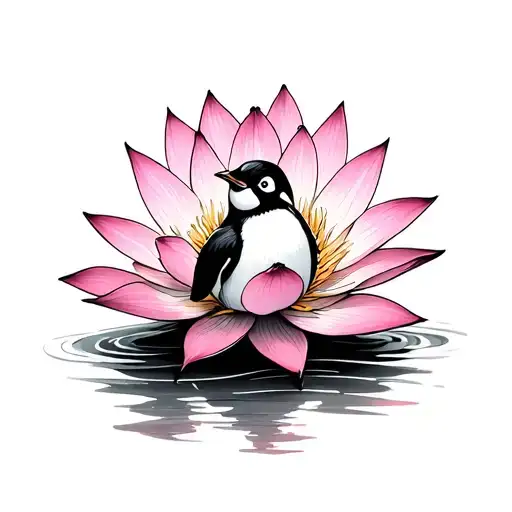 Pink Lotus Flower With A Little Penguin In A Petal