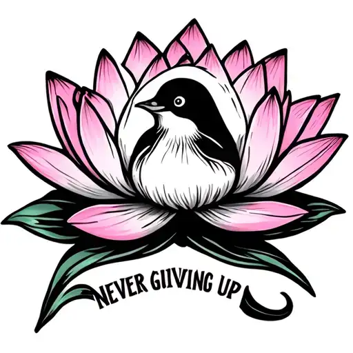 Pink Lotus Flower With A Little Penguin In A Petal With The Words Never Giving Up