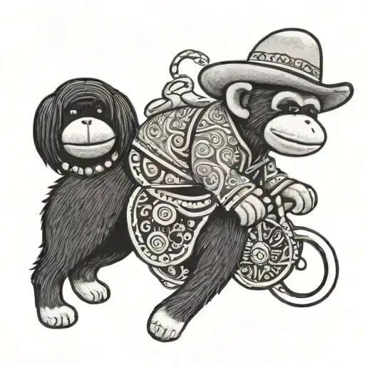 Sock Monkey Riding A Black Lab While Wearing A Sombrero