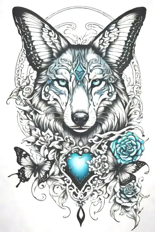 Butterfly Dragonfly Heart Turquoise Wolf Howling At The Moon