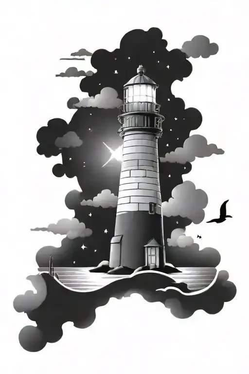 Night Sky With Stars Light House And Ocean With Clouds