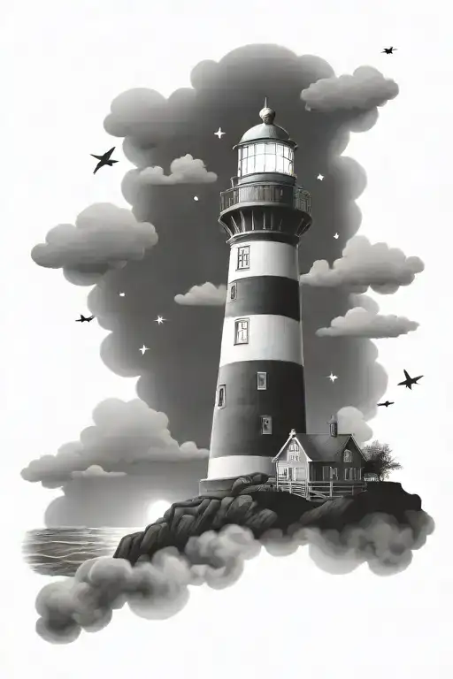 Night Sky With Stars Light House And Ocean With Clouds